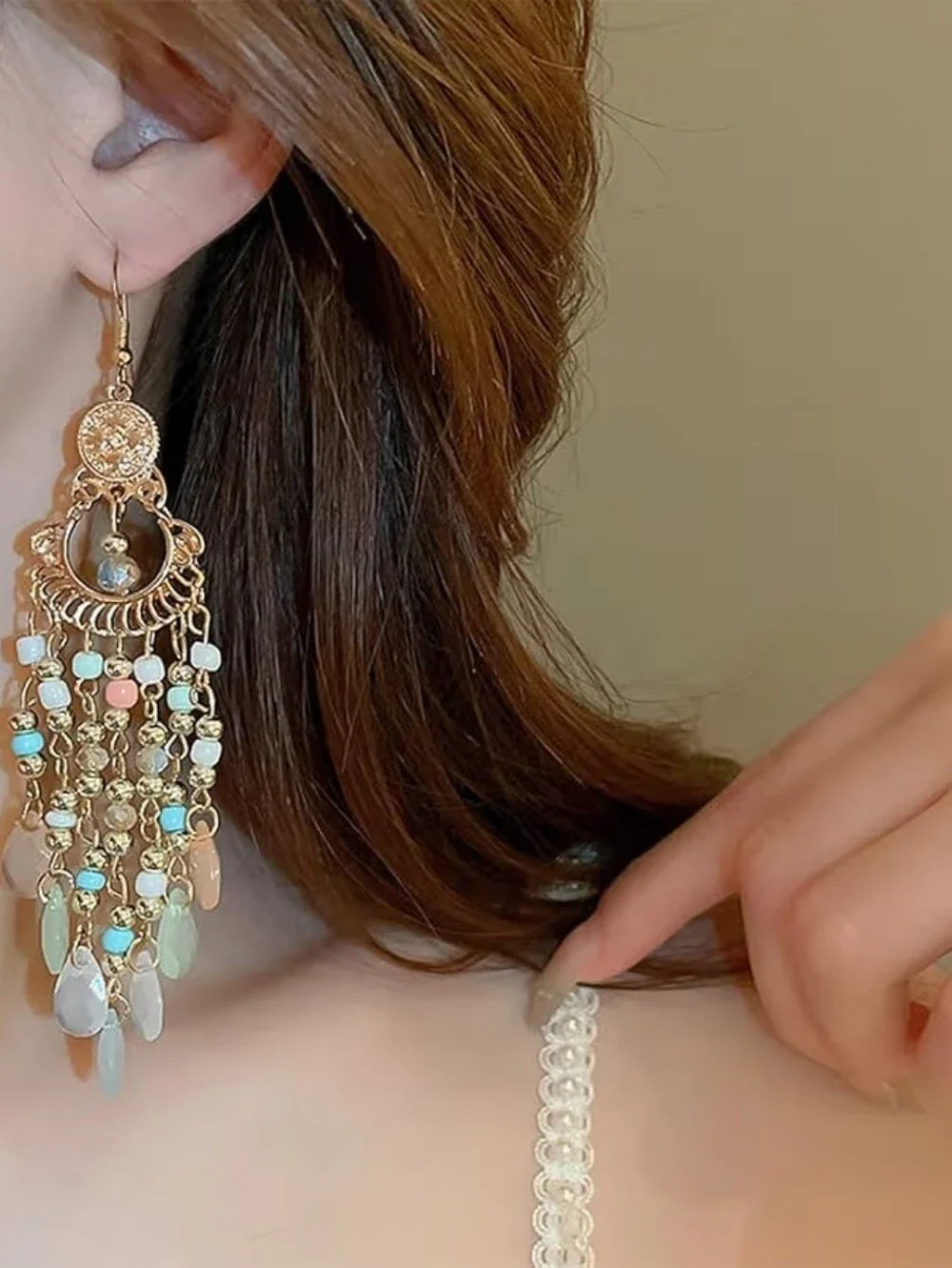 Boho Gold Chandelier Earrings Long Colorful Tassel Drop Earrings - Picture 2 of 2